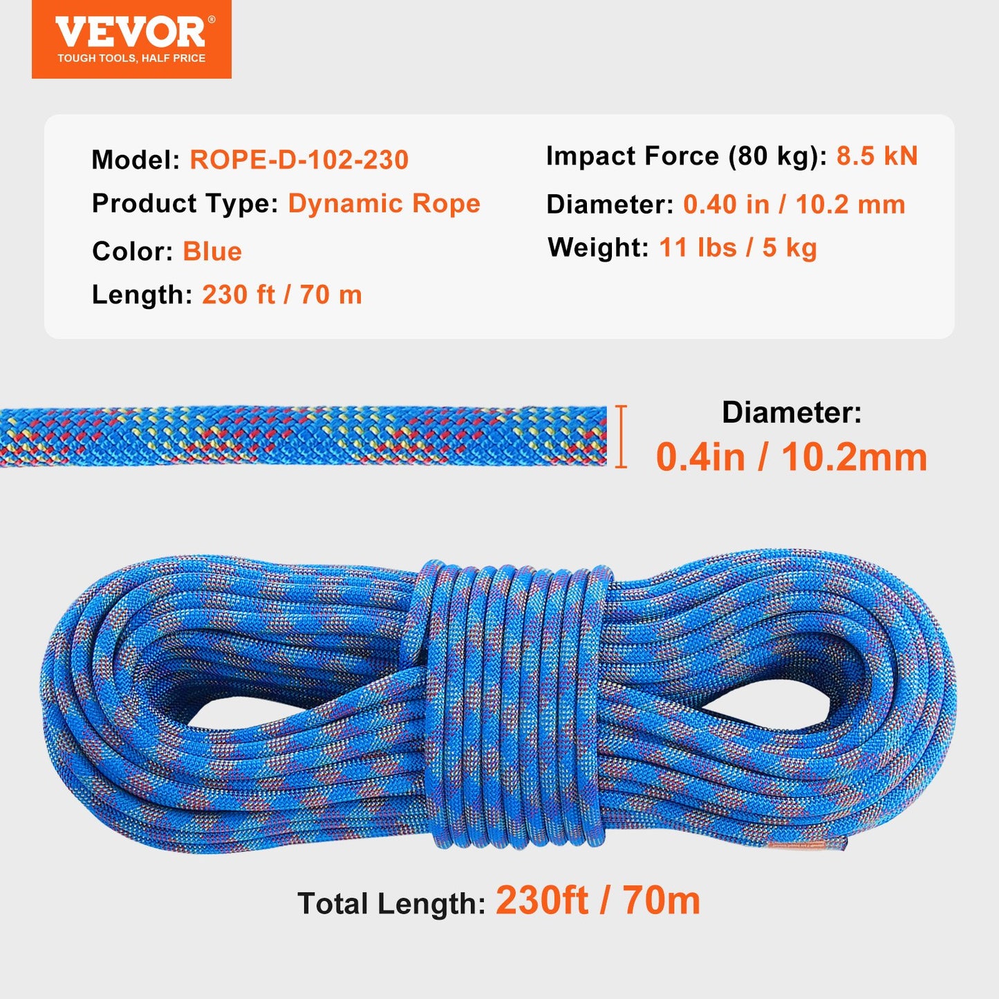 10.2mm Dynamic Climbing Rope, 70M(230ft) Outdoor Rock Climbing Rope 25KN Breaking Tension, Stretchable Fiber Rope with Steel Snap Hooks for Escape, Rappelling, Fire Rescue, Blue - Image 7
