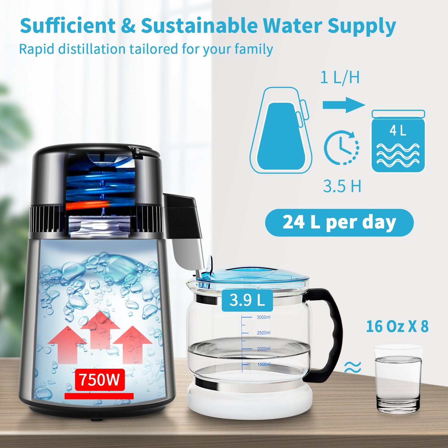 4L Water Distiller Distilled Water Maker 1 L/H w/ Timing Dual-Temp Silver - Image 3