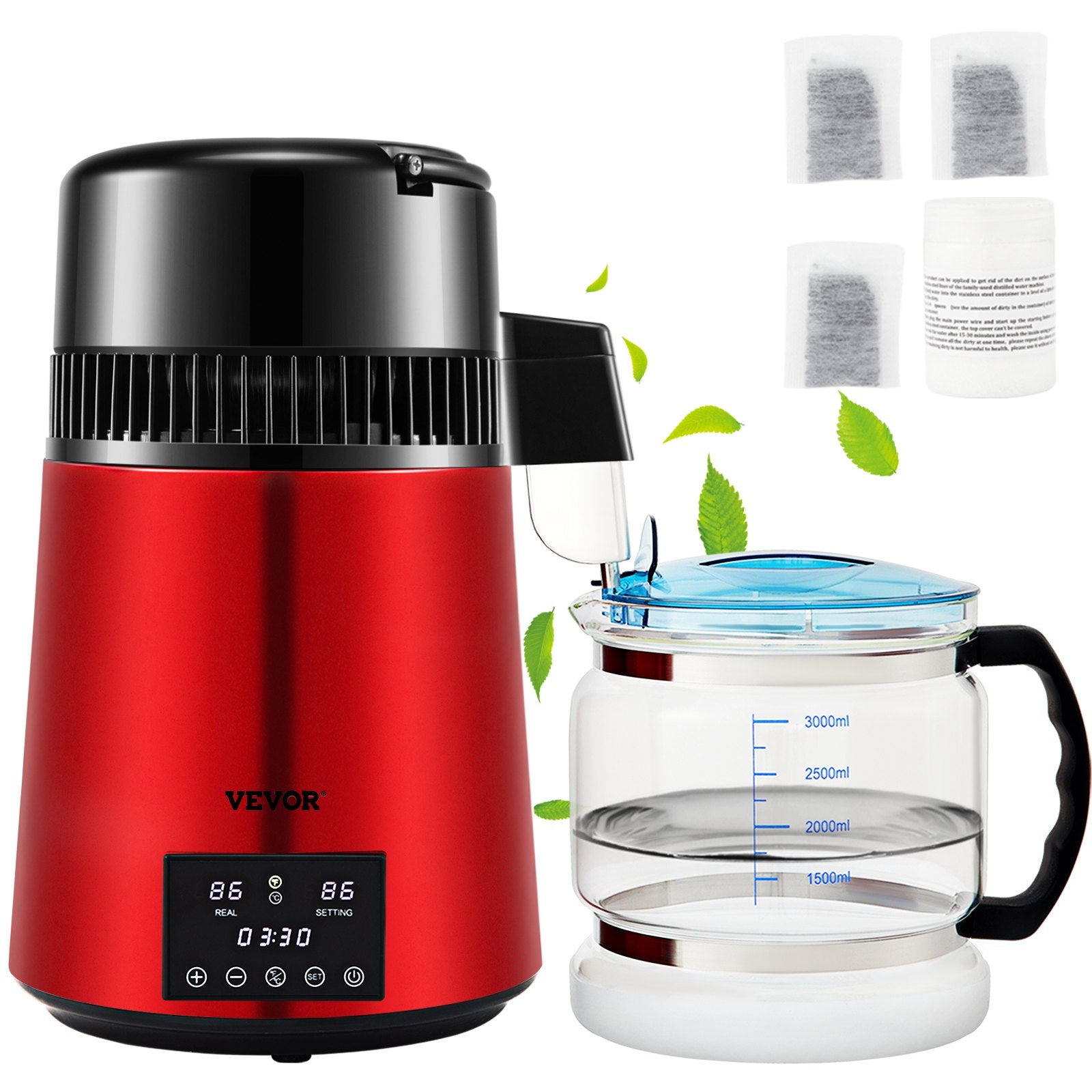 4L Water Distiller Distilled Water Maker 1 L/H w/ Timing Dual Temp Red