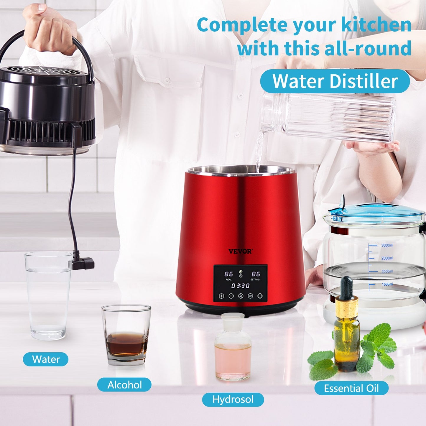 4L Water Distiller Distilled Water Maker 1 L/H w/ Timing Dual Temp Red - Image 2