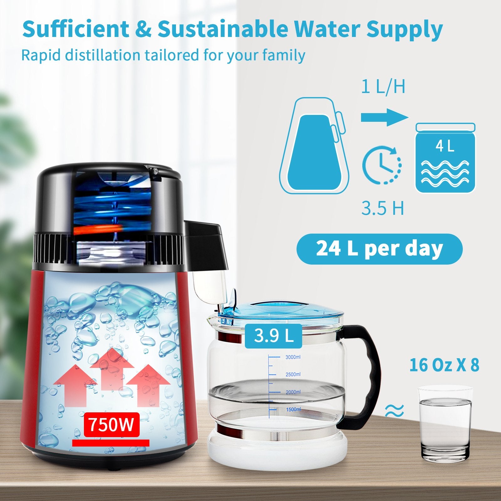 4L Water Distiller Distilled Water Maker 1 L/H w/ Timing Dual Temp Red - Image 3