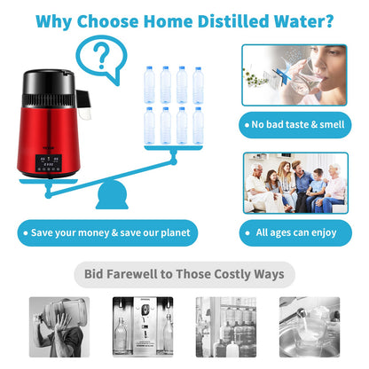 4L Water Distiller Distilled Water Maker 1 L/H w/ Timing Dual Temp Red - Image 5