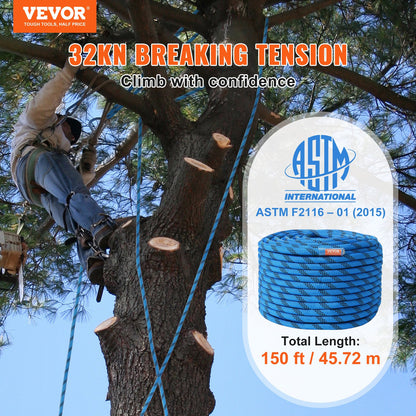 12.7mm Static Climbing Rope, 45.7M(150ft) Outdoor Rock Climbing Rope 30KN Breaking Tension, Fiber Rope with Steel Snap Hooks for Escape, Rappelling, Fire Rescue, Blue - Image 2