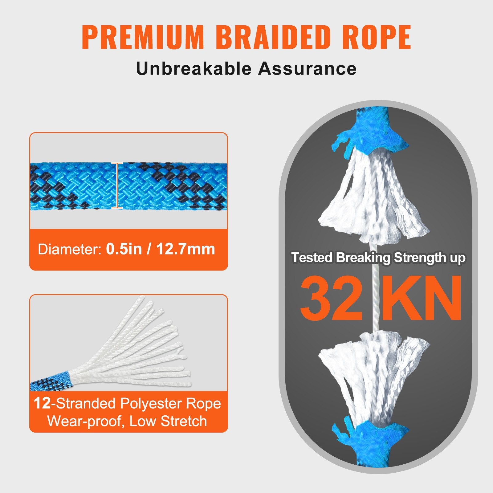 12.7mm Static Climbing Rope, 45.7M(150ft) Outdoor Rock Climbing Rope 30KN Breaking Tension, Fiber Rope with Steel Snap Hooks for Escape, Rappelling, Fire Rescue, Blue - Image 3
