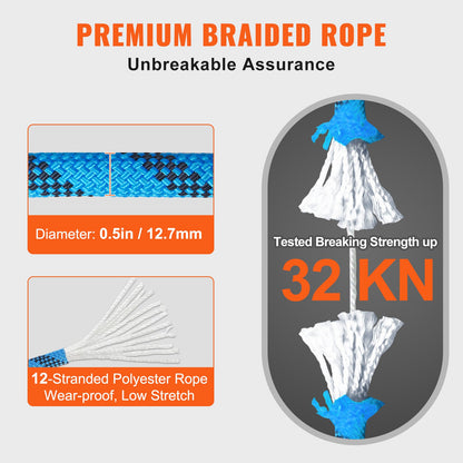 12.7mm Static Climbing Rope, 45.7M(150ft) Outdoor Rock Climbing Rope 30KN Breaking Tension, Fiber Rope with Steel Snap Hooks for Escape, Rappelling, Fire Rescue, Blue - Image 3