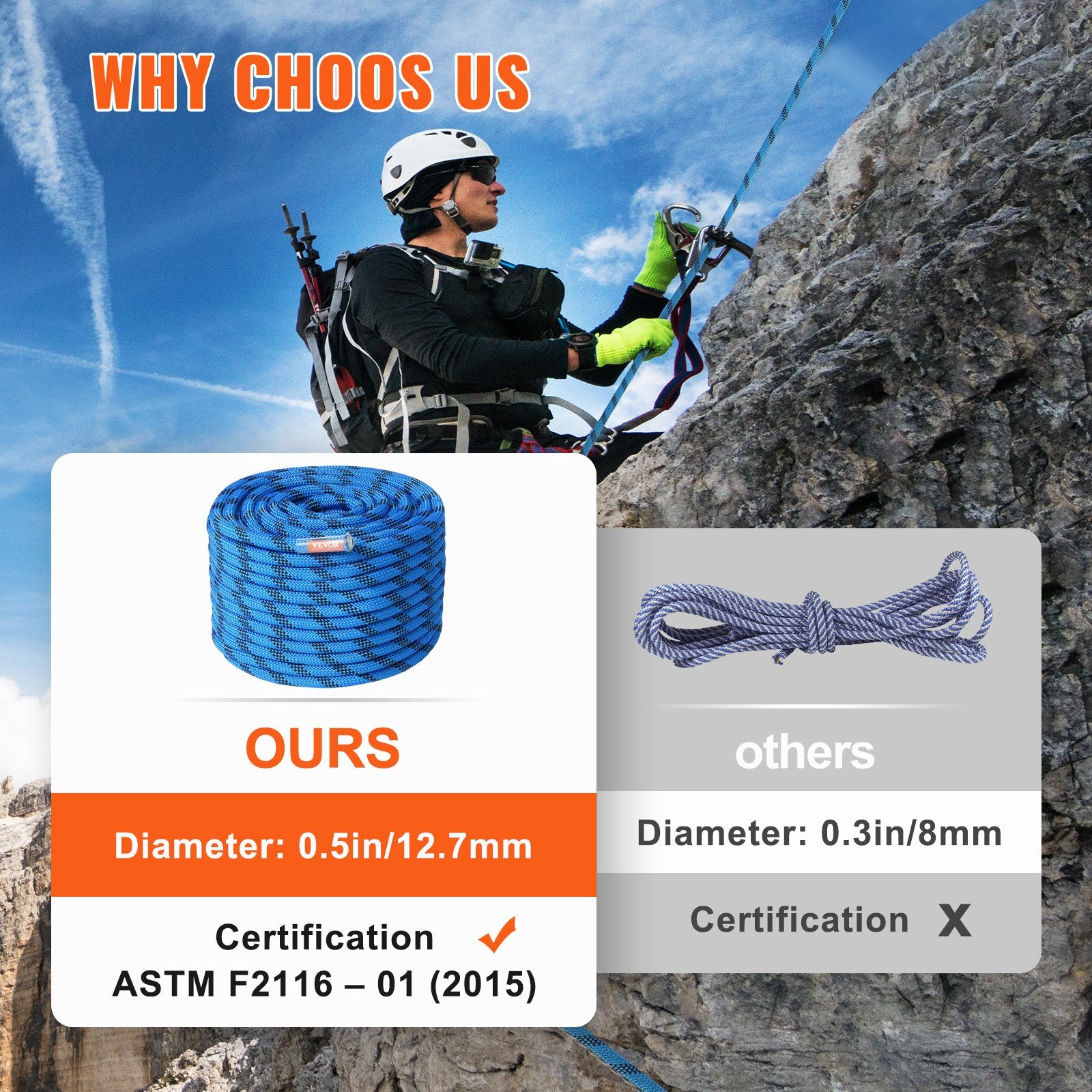 12.7mm Static Climbing Rope, 45.7M(150ft) Outdoor Rock Climbing Rope 30KN Breaking Tension, Fiber Rope with Steel Snap Hooks for Escape, Rappelling, Fire Rescue, Blue - Image 4