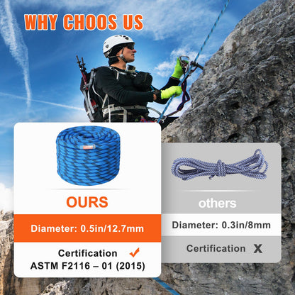 12.7mm Static Climbing Rope, 45.7M(150ft) Outdoor Rock Climbing Rope 30KN Breaking Tension, Fiber Rope with Steel Snap Hooks for Escape, Rappelling, Fire Rescue, Blue - Image 4