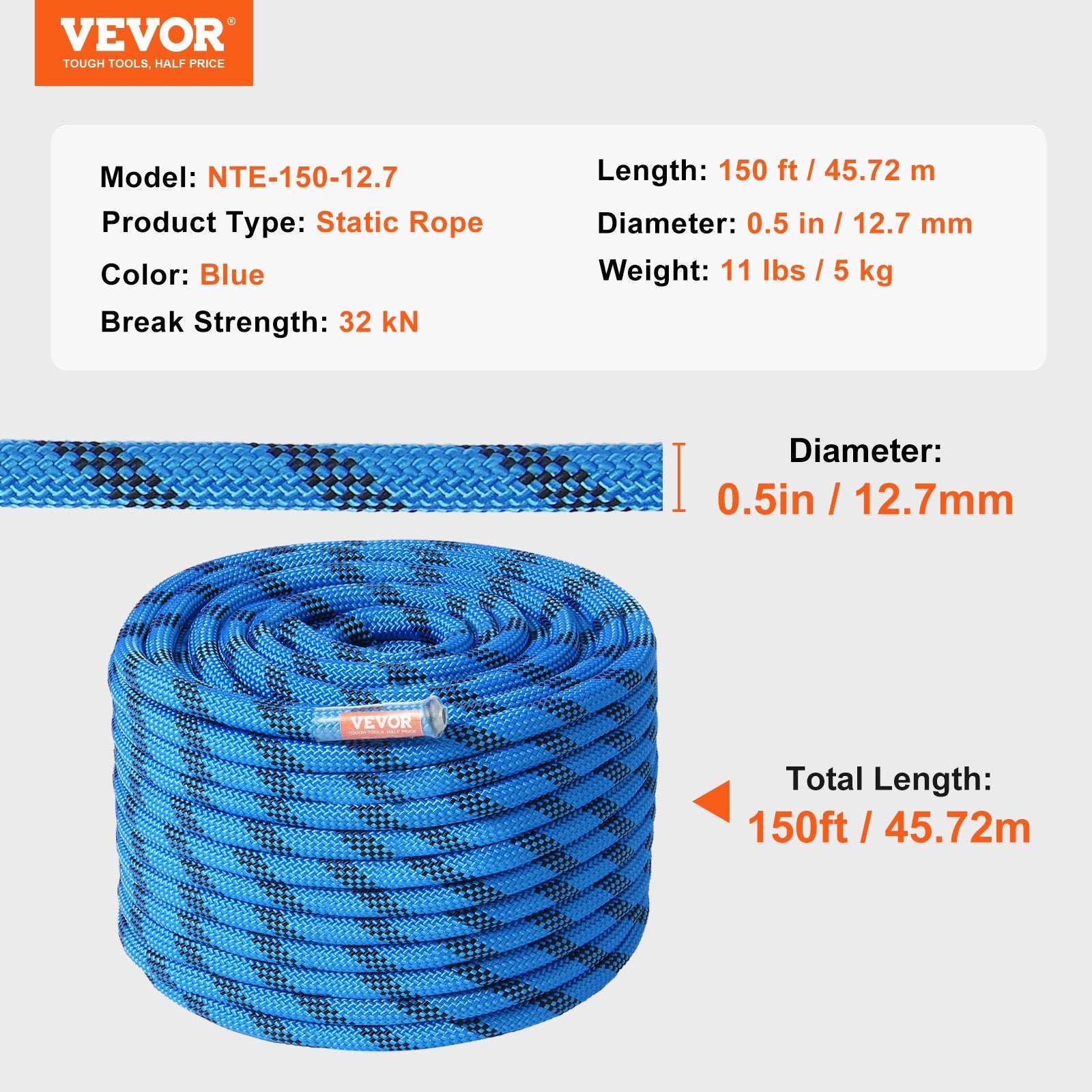 12.7mm Static Climbing Rope, 45.7M(150ft) Outdoor Rock Climbing Rope 30KN Breaking Tension, Fiber Rope with Steel Snap Hooks for Escape, Rappelling, Fire Rescue, Blue - Image 7