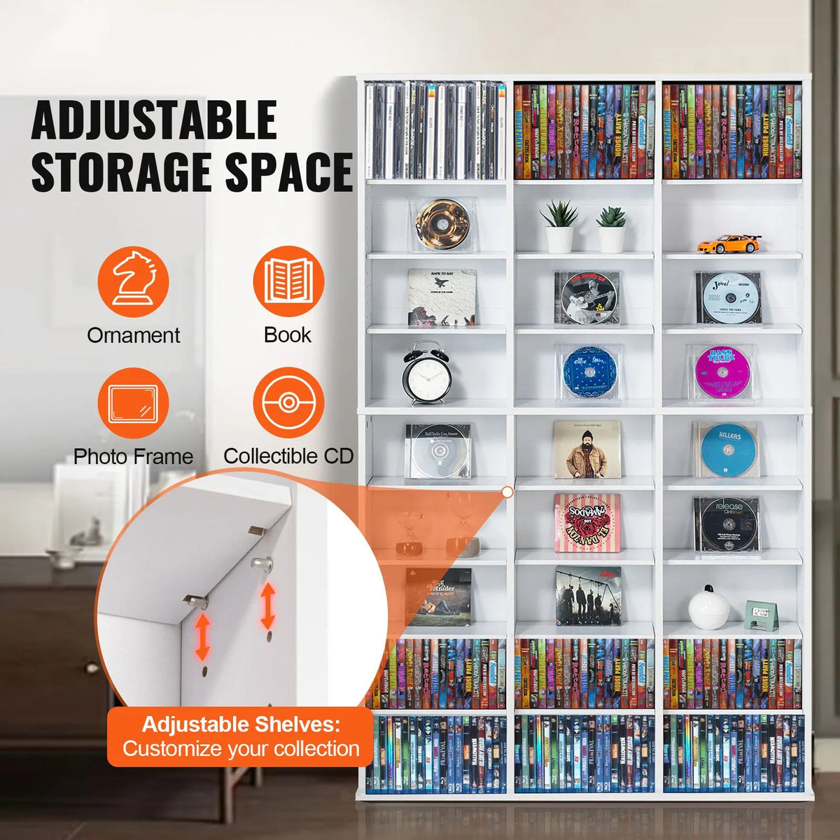 Media Storage Cabinet, 9-layer DVD Shelf Holds up to 756 CDs, Adjustable CD Shelves 27 Compartments, Protects & Organizes Music, Movie, Video Games or Memorabilia Collections,White - Image 2