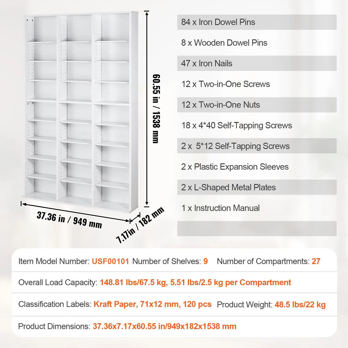 Media Storage Cabinet, 9-layer DVD Shelf Holds up to 756 CDs, Adjustable CD Shelves 27 Compartments, Protects & Organizes Music, Movie, Video Games or Memorabilia Collections,White - Image 7