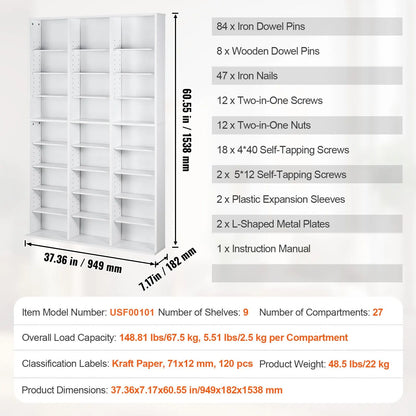 Media Storage Cabinet, 9-layer DVD Shelf Holds up to 756 CDs, Adjustable CD Shelves 27 Compartments, Protects & Organizes Music, Movie, Video Games or Memorabilia Collections,White - Image 7