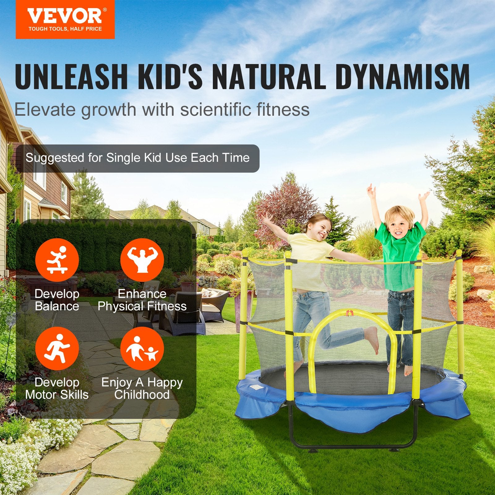 5FT Trampoline for Kids, 60" Indoor Outdoor Trampoline with Safety Enclosure Net, Basketball Hoop and Ocean Balls, Mini Toddler Recreational Trampoline Birthday Gifts for 3+ Years Kids - Image 2