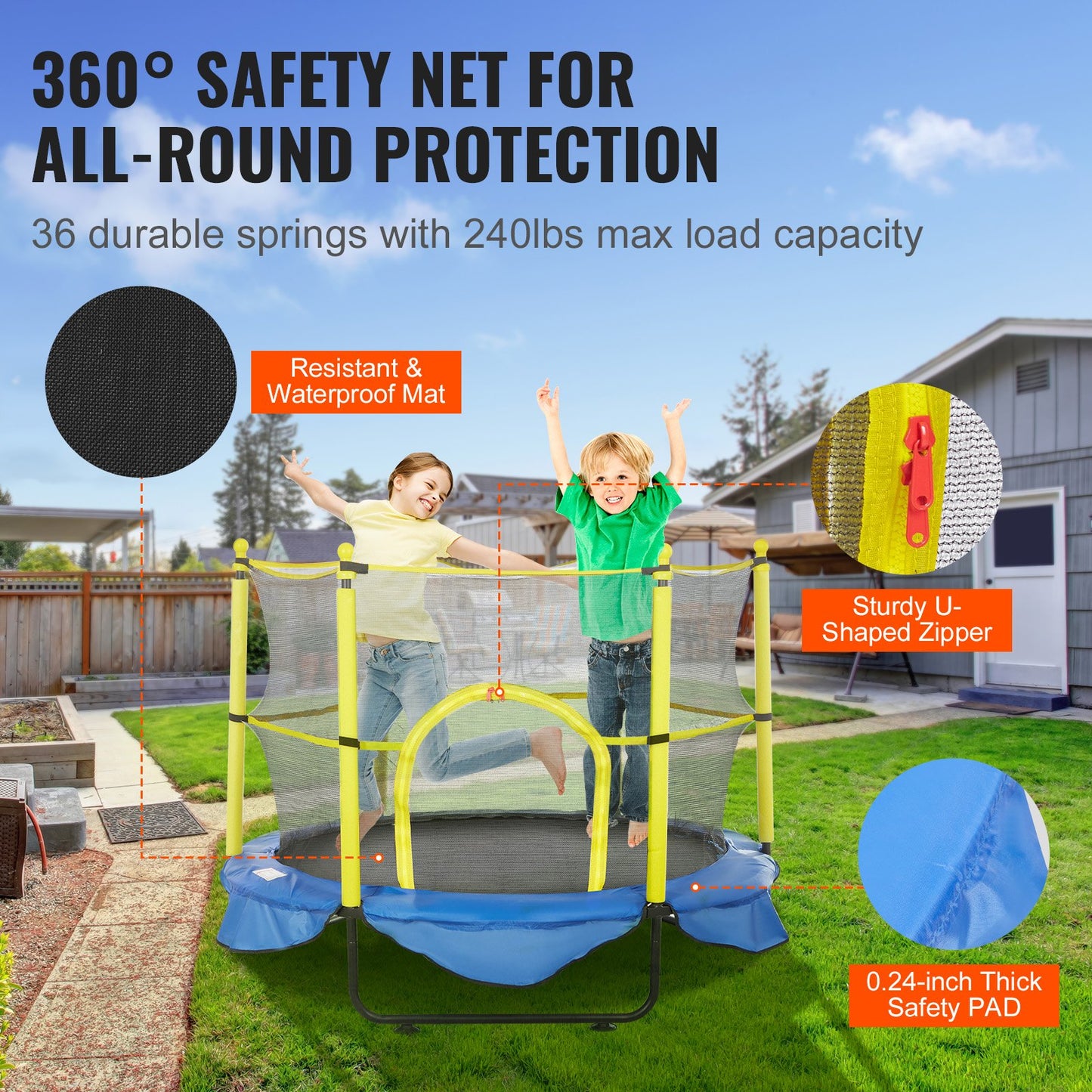 5FT Trampoline for Kids, 60" Indoor Outdoor Trampoline with Safety Enclosure Net, Basketball Hoop and Ocean Balls, Mini Toddler Recreational Trampoline Birthday Gifts for 3+ Years Kids - Image 4