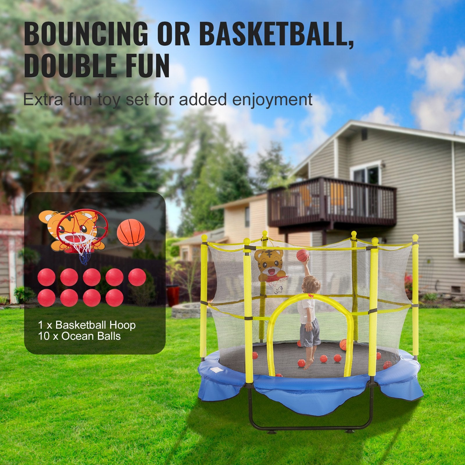 5FT Trampoline for Kids, 60" Indoor Outdoor Trampoline with Safety Enclosure Net, Basketball Hoop and Ocean Balls, Mini Toddler Recreational Trampoline Birthday Gifts for 3+ Years Kids - Image 5