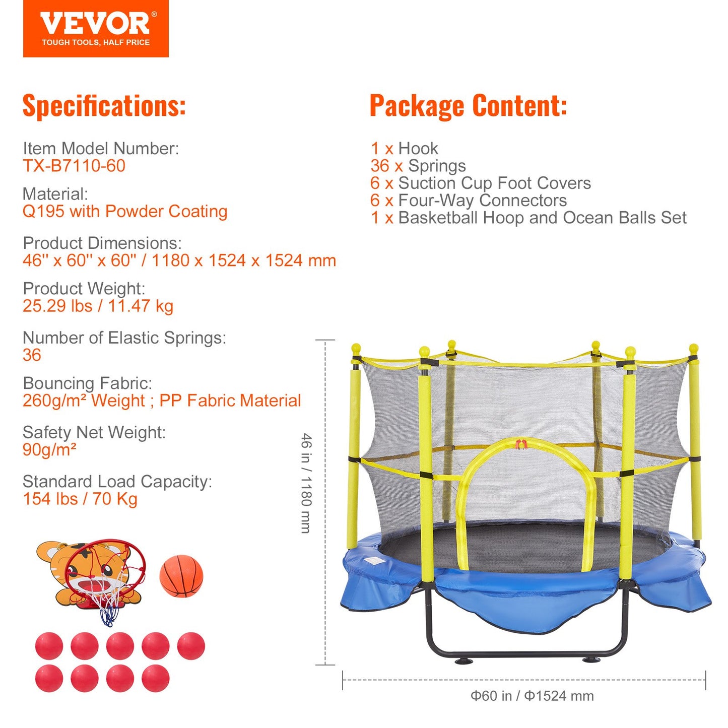 5FT Trampoline for Kids, 60" Indoor Outdoor Trampoline with Safety Enclosure Net, Basketball Hoop and Ocean Balls, Mini Toddler Recreational Trampoline Birthday Gifts for 3+ Years Kids - Image 7