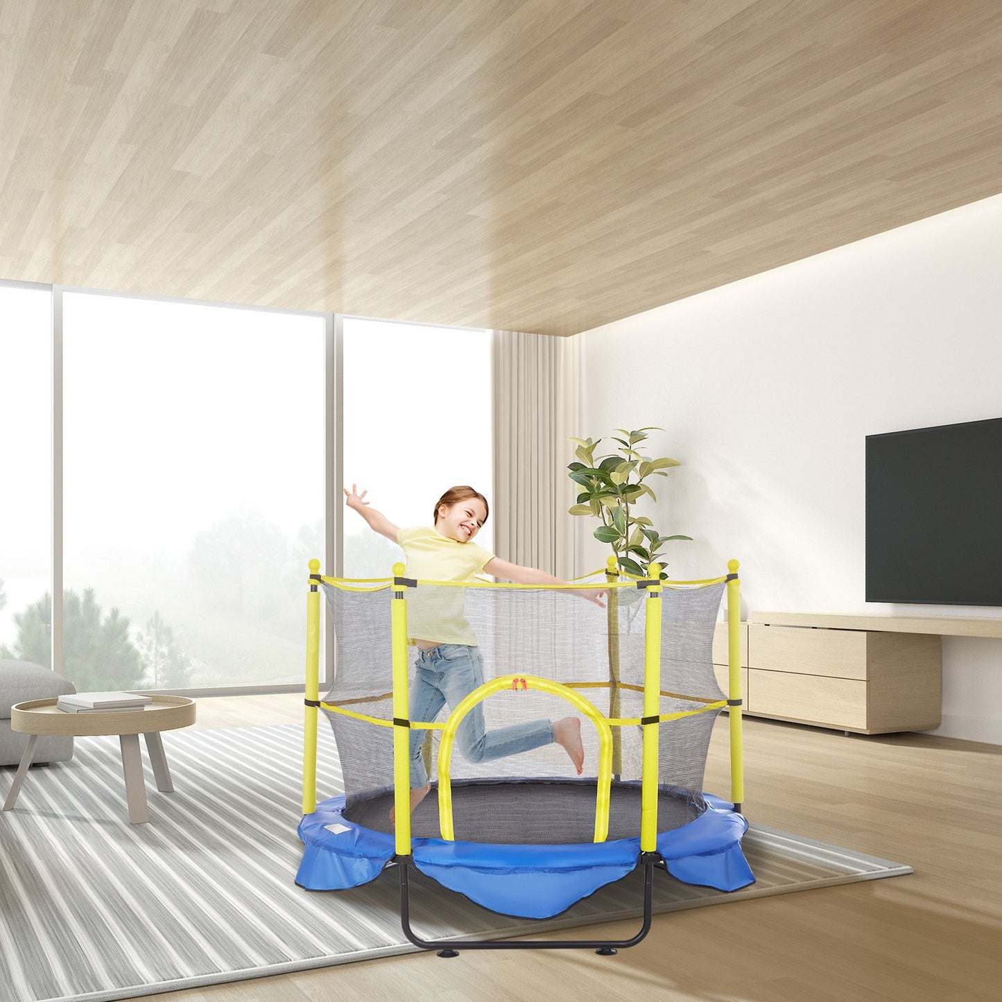 5FT Trampoline for Kids, 60" Indoor Outdoor Trampoline with Safety Enclosure Net, Basketball Hoop and Ocean Balls, Mini Toddler Recreational Trampoline Birthday Gifts for 3+ Years Kids - Image 8