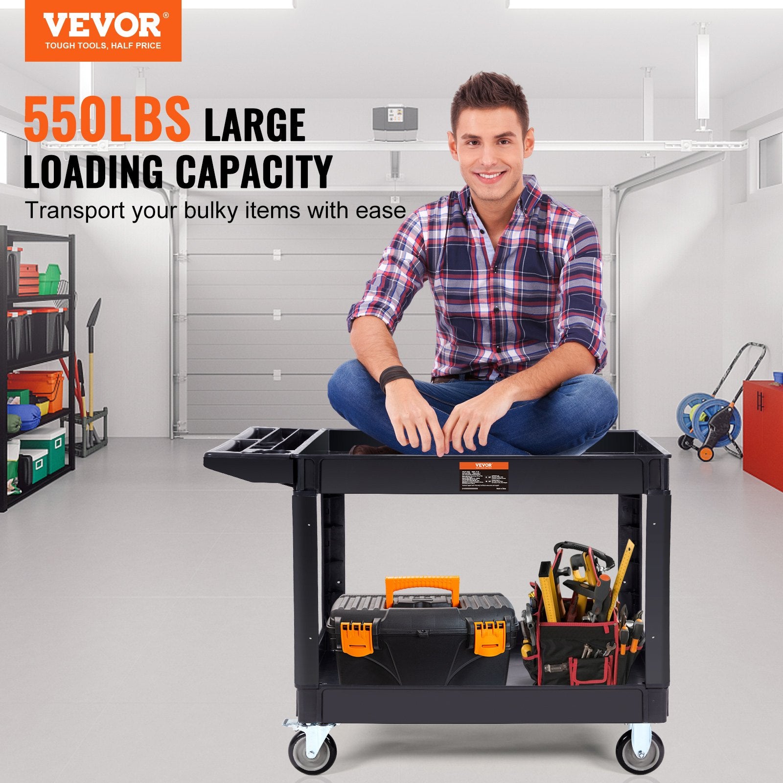 Utility Service Cart, 2 Shelf 550LBS Heavy Duty Plastic Rolling Utility Cart with 360° Swivel Wheels (2 with Brakes), Large Lipped Shelf, Ergonomic Storage Handle for Warehouse/Garage/Cleaning - Image 2