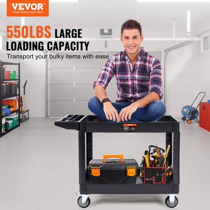 Utility Service Cart, 2 Shelf 550LBS Heavy Duty Plastic Rolling Utility Cart with 360° Swivel Wheels (2 with Brakes), Large Lipped Shelf, Ergonomic Storage Handle for Warehouse/Garage/Cleaning - Image 2
