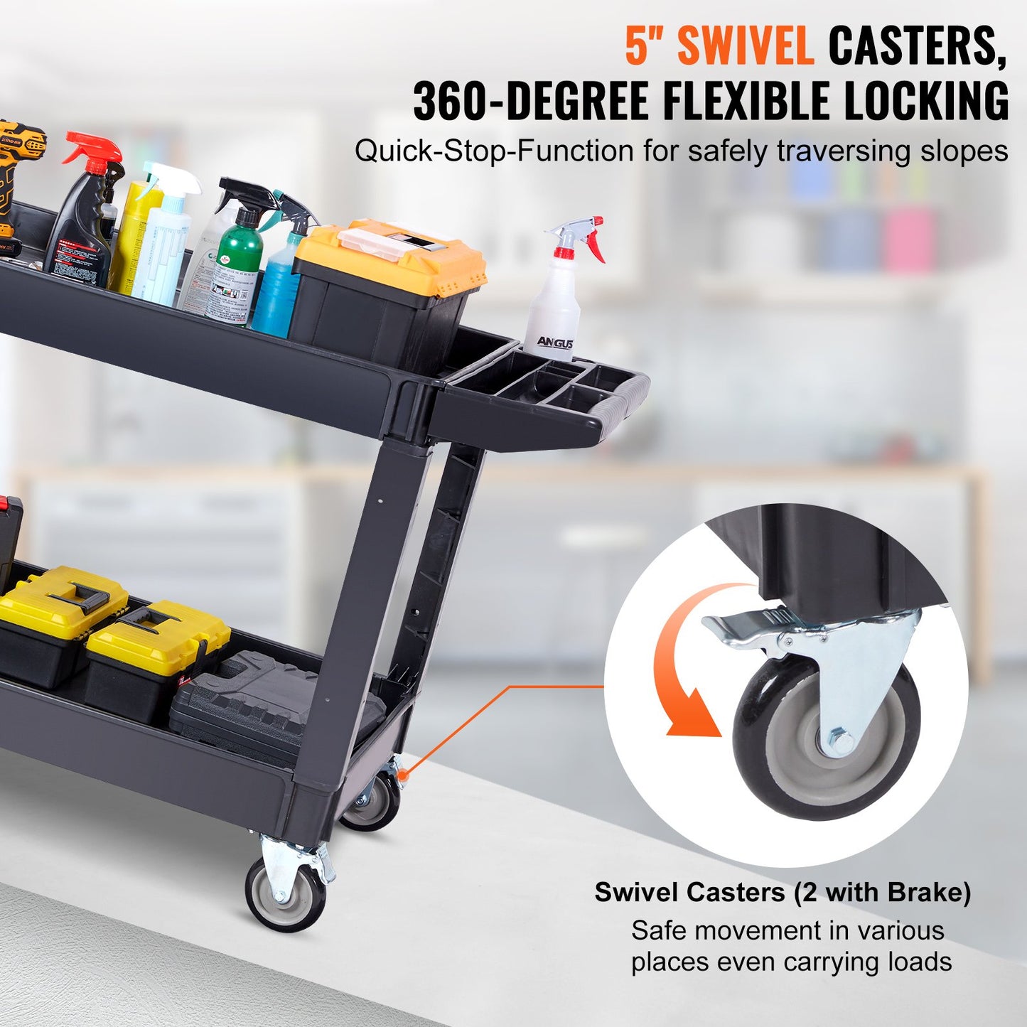Utility Service Cart, 2 Shelf 550LBS Heavy Duty Plastic Rolling Utility Cart with 360° Swivel Wheels (2 with Brakes), Large Lipped Shelf, Ergonomic Storage Handle for Warehouse/Garage/Cleaning - Image 3