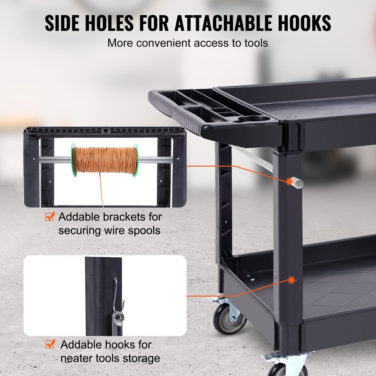 Utility Service Cart, 2 Shelf 550LBS Heavy Duty Plastic Rolling Utility Cart with 360° Swivel Wheels (2 with Brakes), Large Lipped Shelf, Ergonomic Storage Handle for Warehouse/Garage/Cleaning - Image 5