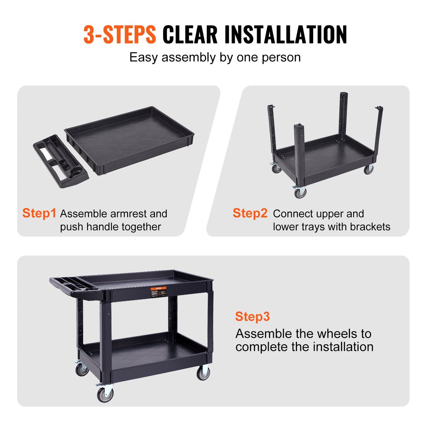 Utility Service Cart, 2 Shelf 550LBS Heavy Duty Plastic Rolling Utility Cart with 360° Swivel Wheels (2 with Brakes), Large Lipped Shelf, Ergonomic Storage Handle for Warehouse/Garage/Cleaning - Image 6