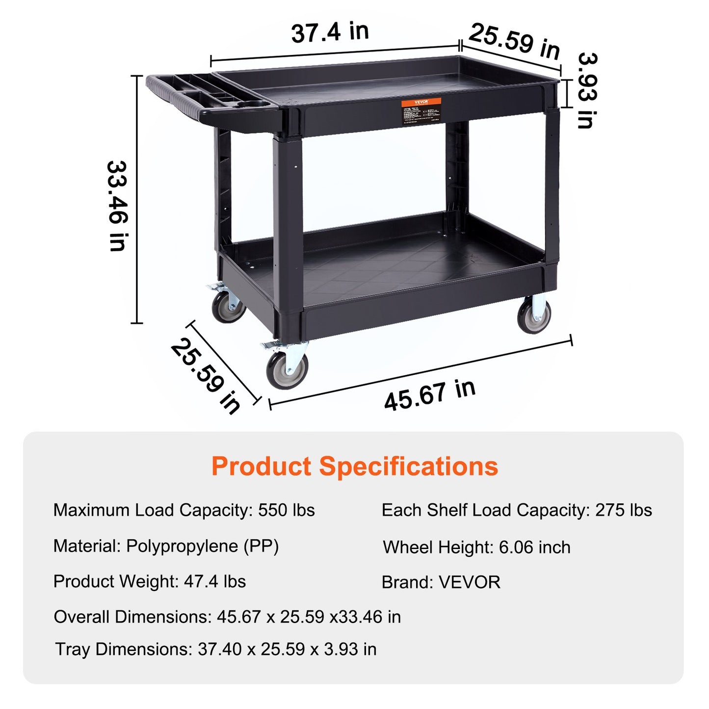 Utility Service Cart, 2 Shelf 550LBS Heavy Duty Plastic Rolling Utility Cart with 360° Swivel Wheels (2 with Brakes), Large Lipped Shelf, Ergonomic Storage Handle for Warehouse/Garage/Cleaning - Image 7