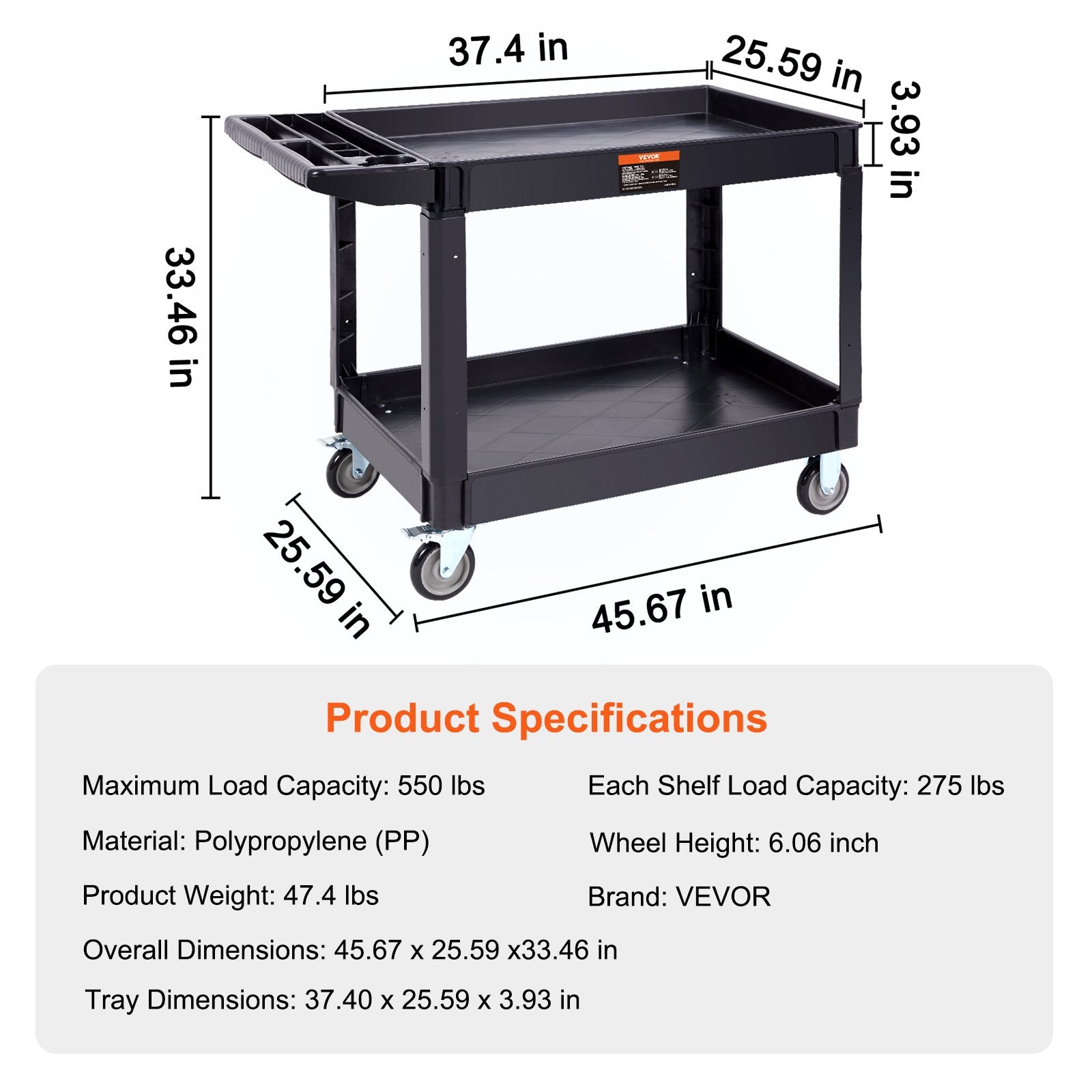 Utility Service Cart, 2 Shelf 550LBS Heavy Duty Plastic Rolling Utility Cart with 360° Swivel Wheels (2 with Brakes), Large Lipped Shelf, Ergonomic Storage Handle for Warehouse/Garage/Cleaning - Image 7
