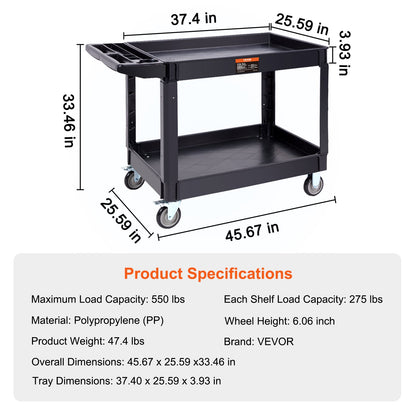 Utility Service Cart, 2 Shelf 550LBS Heavy Duty Plastic Rolling Utility Cart with 360° Swivel Wheels (2 with Brakes), Large Lipped Shelf, Ergonomic Storage Handle for Warehouse/Garage/Cleaning - Image 7