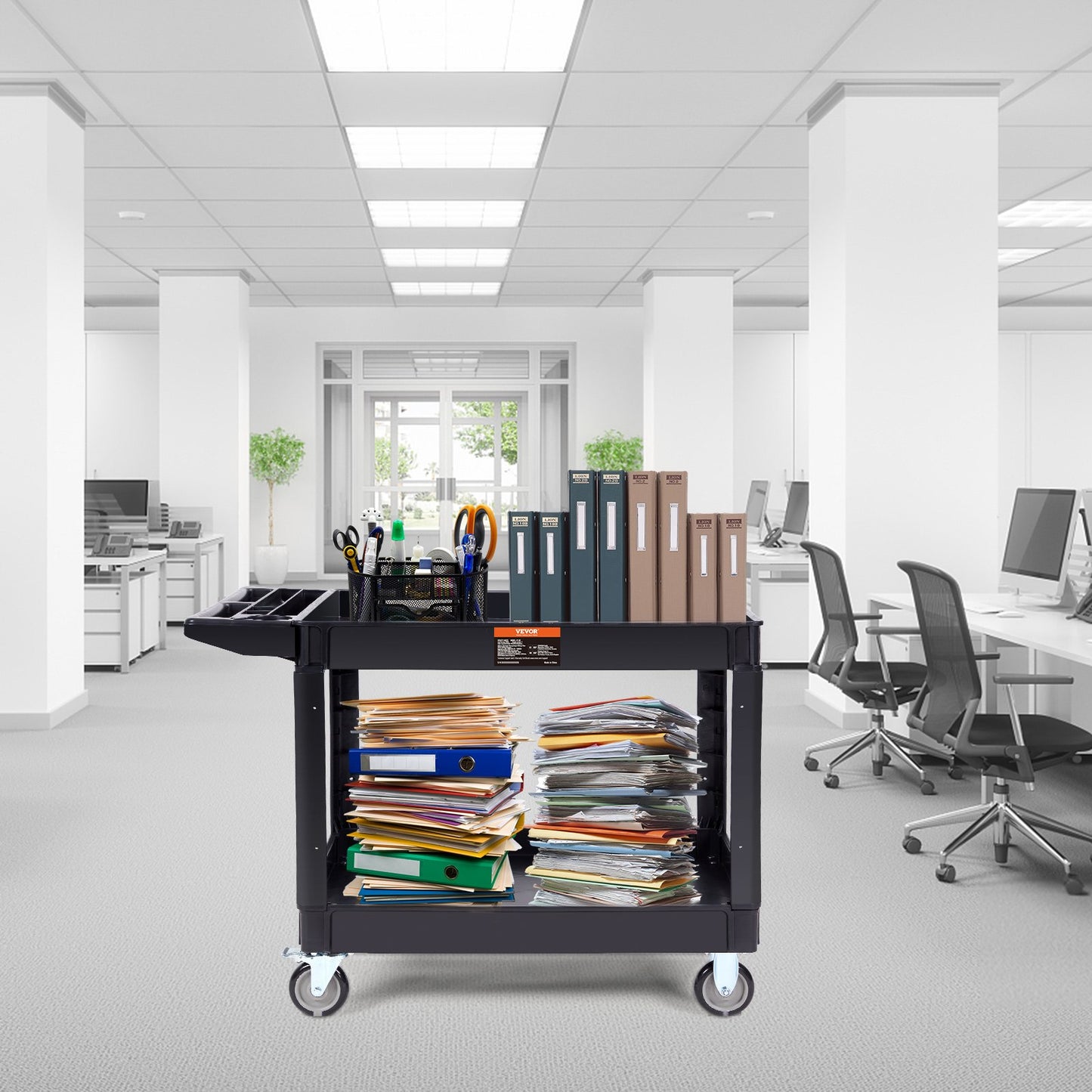 Utility Service Cart, 2 Shelf 550LBS Heavy Duty Plastic Rolling Utility Cart with 360° Swivel Wheels (2 with Brakes), Large Lipped Shelf, Ergonomic Storage Handle for Warehouse/Garage/Cleaning - Image 8