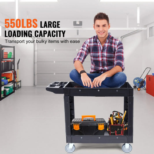Utility Service Cart, 2 Shelf 550LBS Heavy Duty Plastic Rolling Utility Cart with 360° Swivel Wheels, Medium Lipped Shelf, Ergonomic Storage Handle for Warehouse/Garage/Cleaning/Office - Image 2