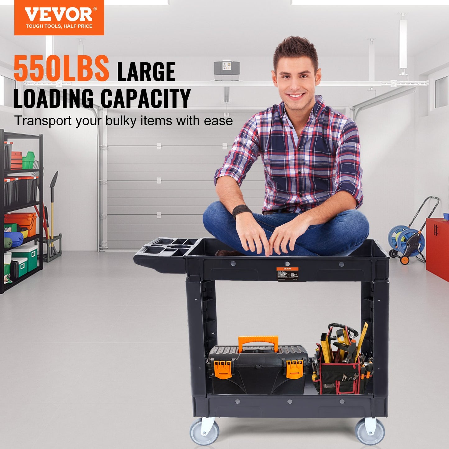 Utility Service Cart, 2 Shelf 550LBS Heavy Duty Plastic Rolling Utility Cart with 360° Swivel Wheels, Medium Lipped Shelf, Ergonomic Storage Handle for Warehouse/Garage/Cleaning/Office - Image 2