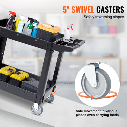 Utility Service Cart, 2 Shelf 550LBS Heavy Duty Plastic Rolling Utility Cart with 360° Swivel Wheels, Medium Lipped Shelf, Ergonomic Storage Handle for Warehouse/Garage/Cleaning/Office - Image 3