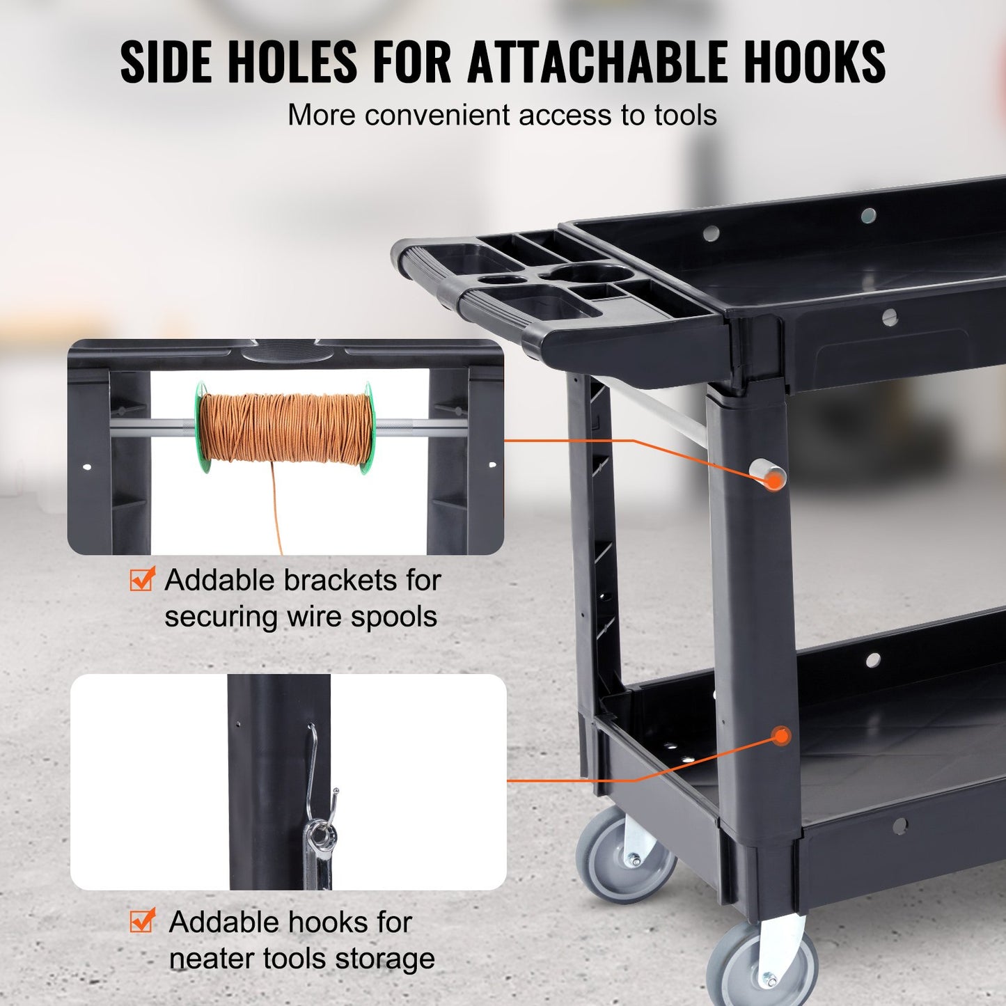 Utility Service Cart, 2 Shelf 550LBS Heavy Duty Plastic Rolling Utility Cart with 360° Swivel Wheels, Medium Lipped Shelf, Ergonomic Storage Handle for Warehouse/Garage/Cleaning/Office - Image 5