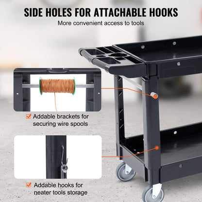 Utility Service Cart, 2 Shelf 550LBS Heavy Duty Plastic Rolling Utility Cart with 360° Swivel Wheels, Medium Lipped Shelf, Ergonomic Storage Handle for Warehouse/Garage/Cleaning/Office - Image 5