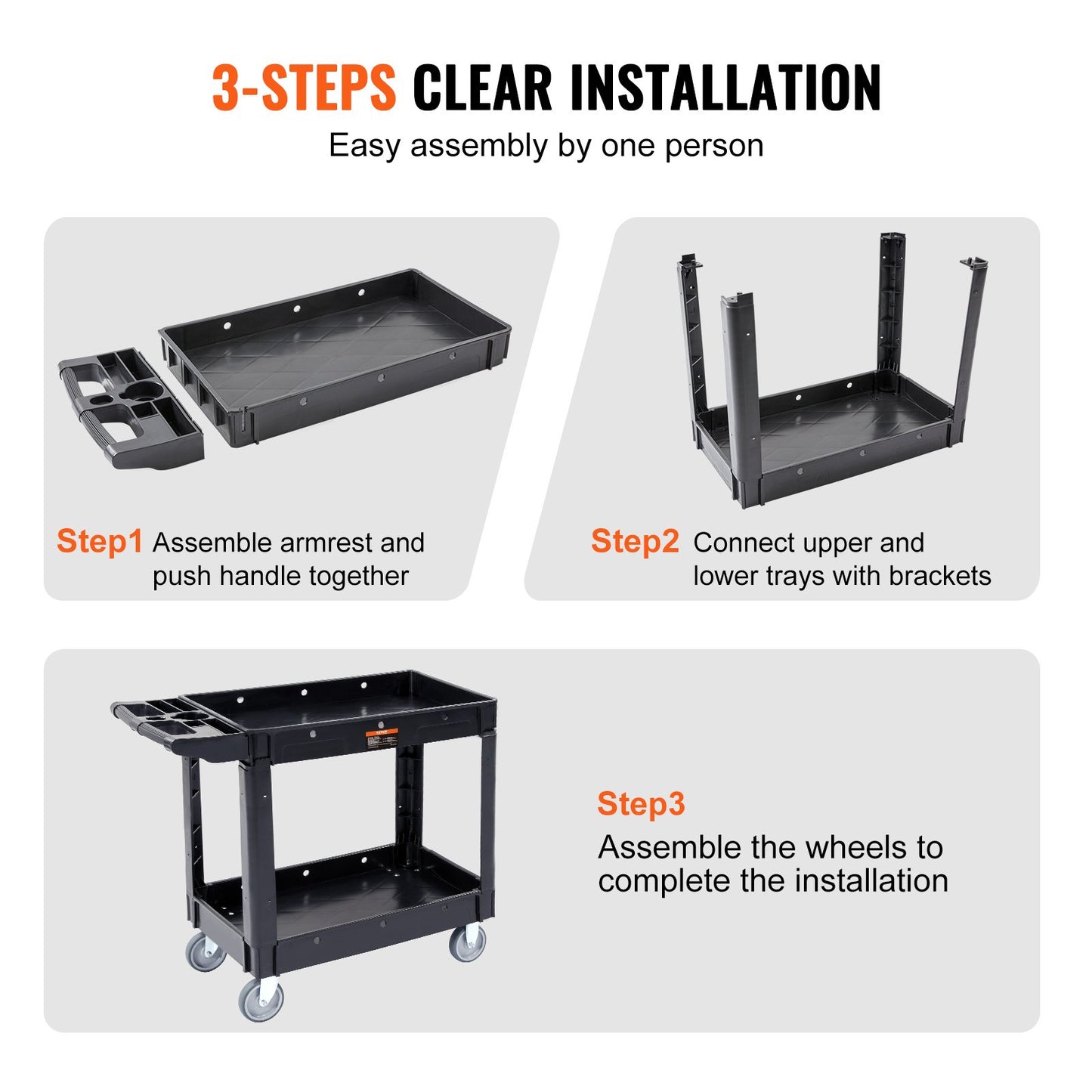 Utility Service Cart, 2 Shelf 550LBS Heavy Duty Plastic Rolling Utility Cart with 360° Swivel Wheels, Medium Lipped Shelf, Ergonomic Storage Handle for Warehouse/Garage/Cleaning/Office - Image 6