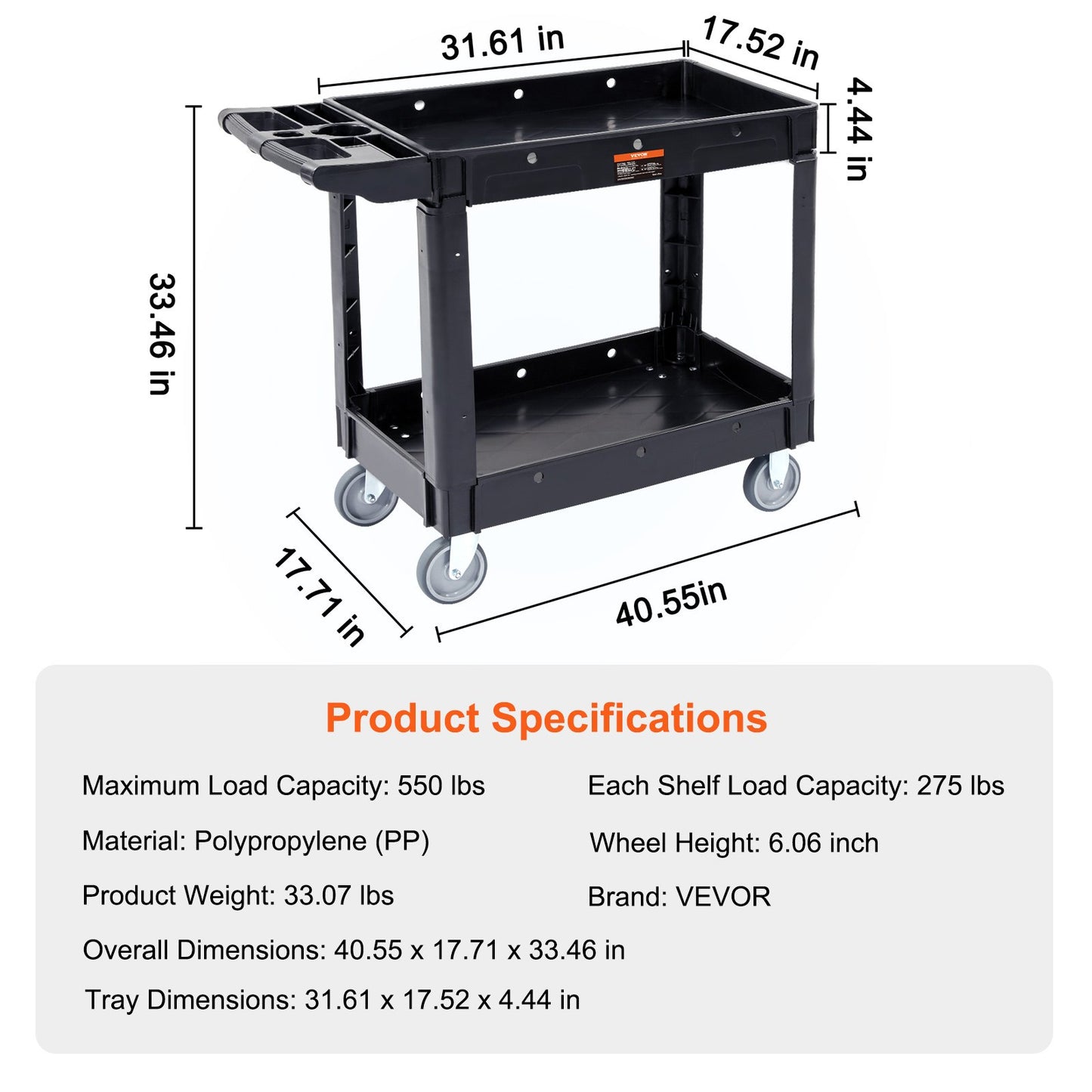 Utility Service Cart, 2 Shelf 550LBS Heavy Duty Plastic Rolling Utility Cart with 360° Swivel Wheels, Medium Lipped Shelf, Ergonomic Storage Handle for Warehouse/Garage/Cleaning/Office - Image 7