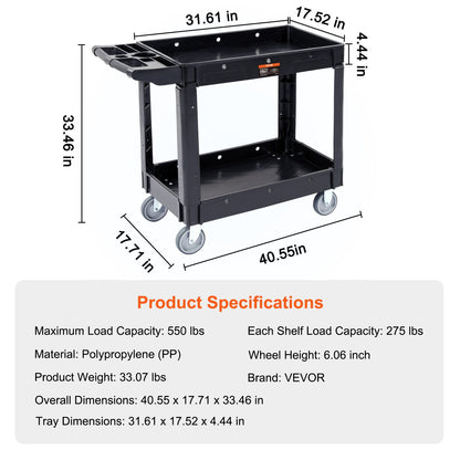 Utility Service Cart, 2 Shelf 550LBS Heavy Duty Plastic Rolling Utility Cart with 360° Swivel Wheels, Medium Lipped Shelf, Ergonomic Storage Handle for Warehouse/Garage/Cleaning/Office - Image 7