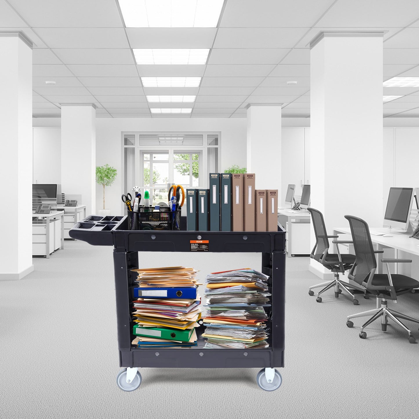 Utility Service Cart, 2 Shelf 550LBS Heavy Duty Plastic Rolling Utility Cart with 360° Swivel Wheels, Medium Lipped Shelf, Ergonomic Storage Handle for Warehouse/Garage/Cleaning/Office - Image 8