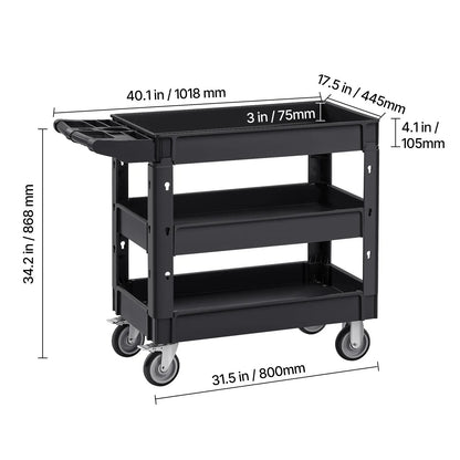 Utility Service Cart, 550 LBS Laod Capacity, 3 Shelf Heavy Duty Plastic Rolling Utility Cart with 360° Swivel Wheels (2 with Brakes), Ergonomic Storage Handle for Warehouse/Garage/Cleaning - Image 8