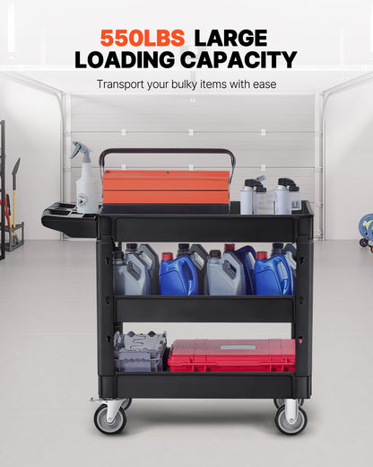 Utility Service Cart, 550 LBS Laod Capacity, 3 Shelf Heavy Duty Plastic Rolling Utility Cart with 360° Swivel Wheels (2 with Brakes), Ergonomic Storage Handle for Warehouse/Garage/Cleaning - Image 2