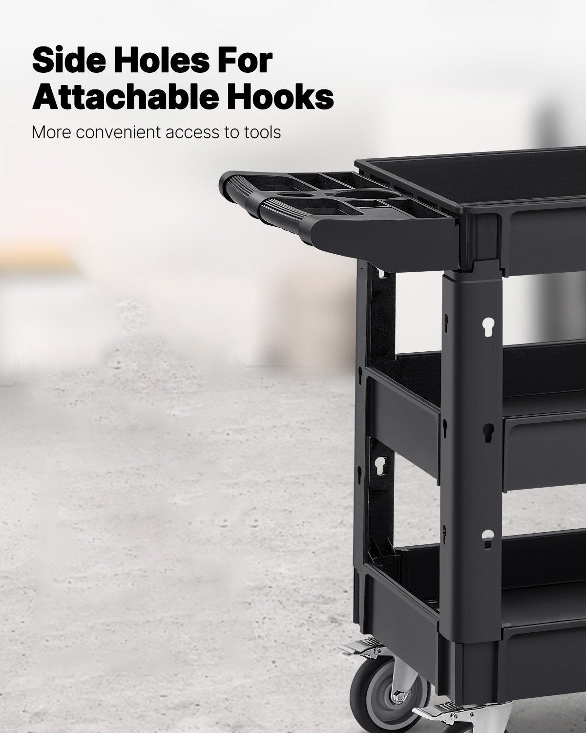 Utility Service Cart, 550 LBS Laod Capacity, 3 Shelf Heavy Duty Plastic Rolling Utility Cart with 360° Swivel Wheels (2 with Brakes), Ergonomic Storage Handle for Warehouse/Garage/Cleaning - Image 5