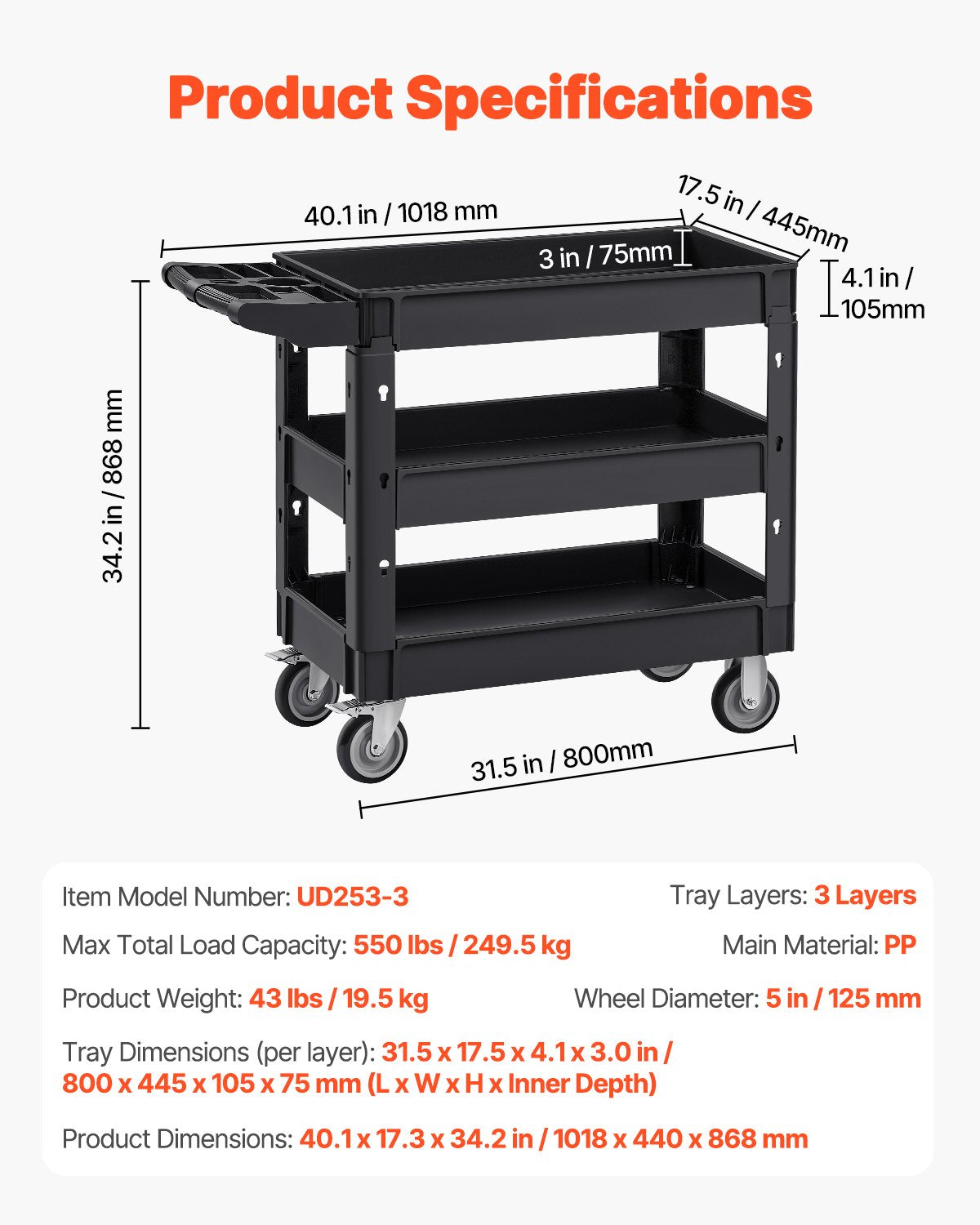 Utility Service Cart, 550 LBS Laod Capacity, 3 Shelf Heavy Duty Plastic Rolling Utility Cart with 360° Swivel Wheels (2 with Brakes), Ergonomic Storage Handle for Warehouse/Garage/Cleaning - Image 7