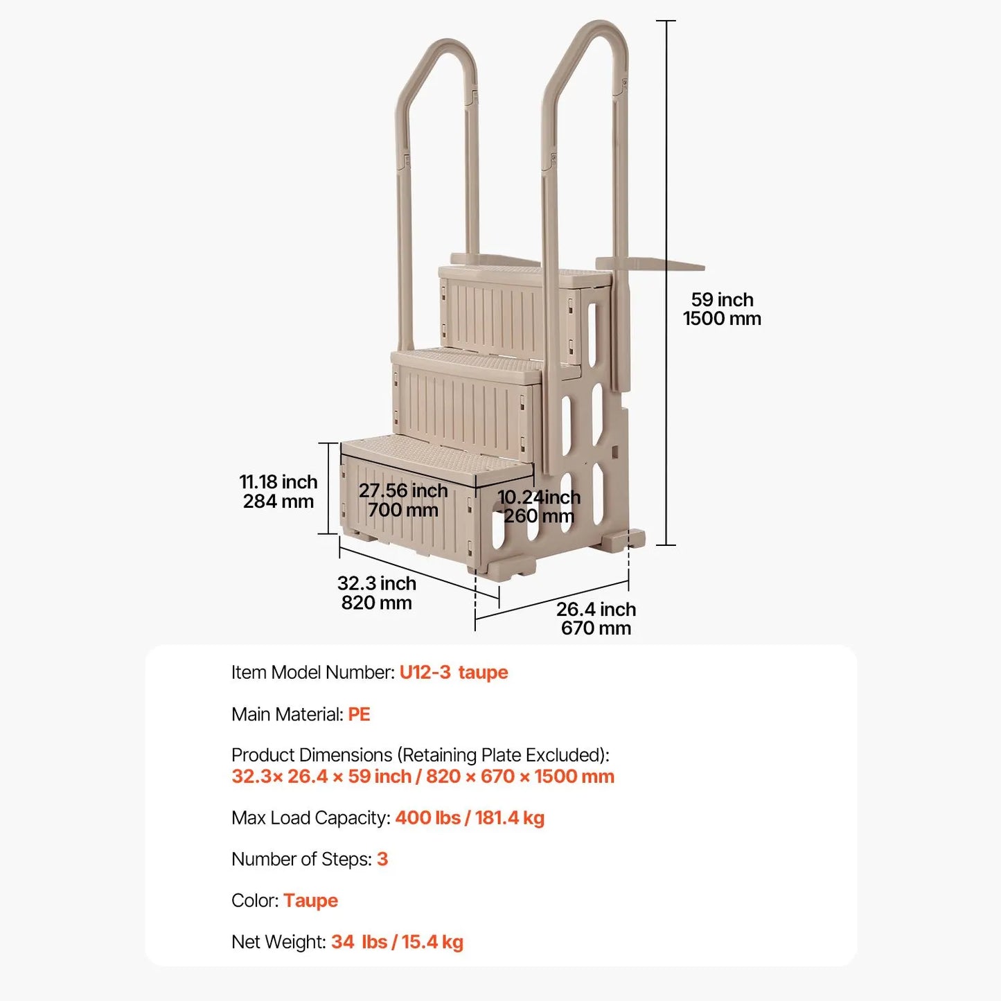 3-Step Taupe Robust Pool Ladder of 2 Handrails for 914.4-1219.2 mm Pools - Image 7