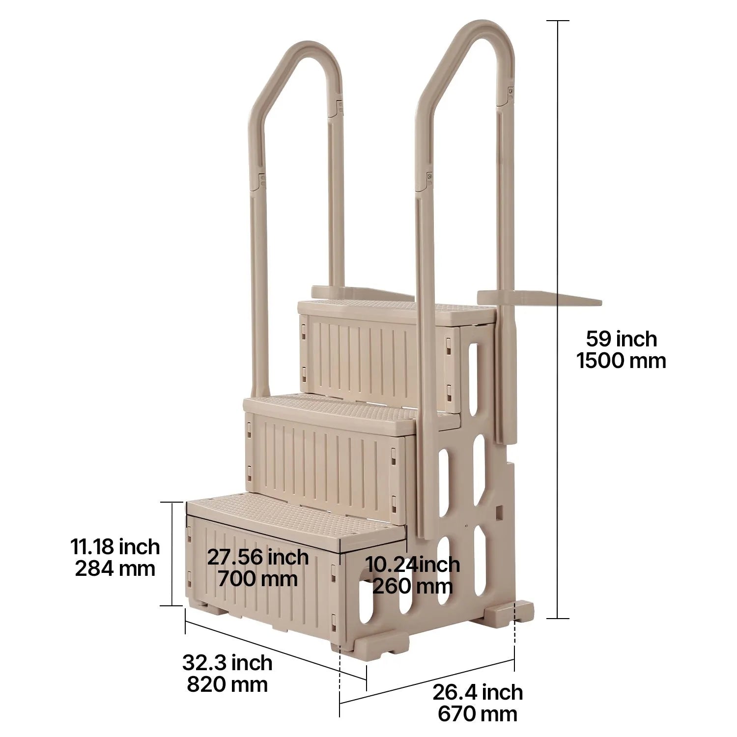 3-Step Taupe Robust Pool Ladder of 2 Handrails for 914.4-1219.2 mm Pools - Image 8