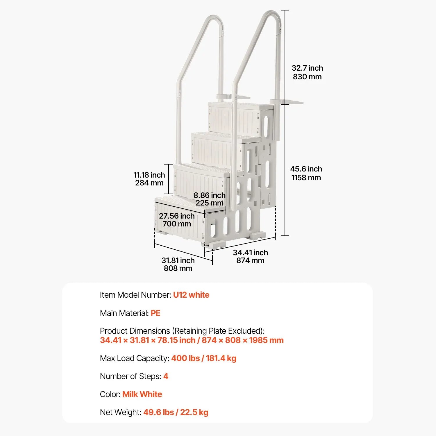 4-Step White Robust Pool Ladder of 2 Handrails for 1219.2-1371.6 mm Pools - Image 7
