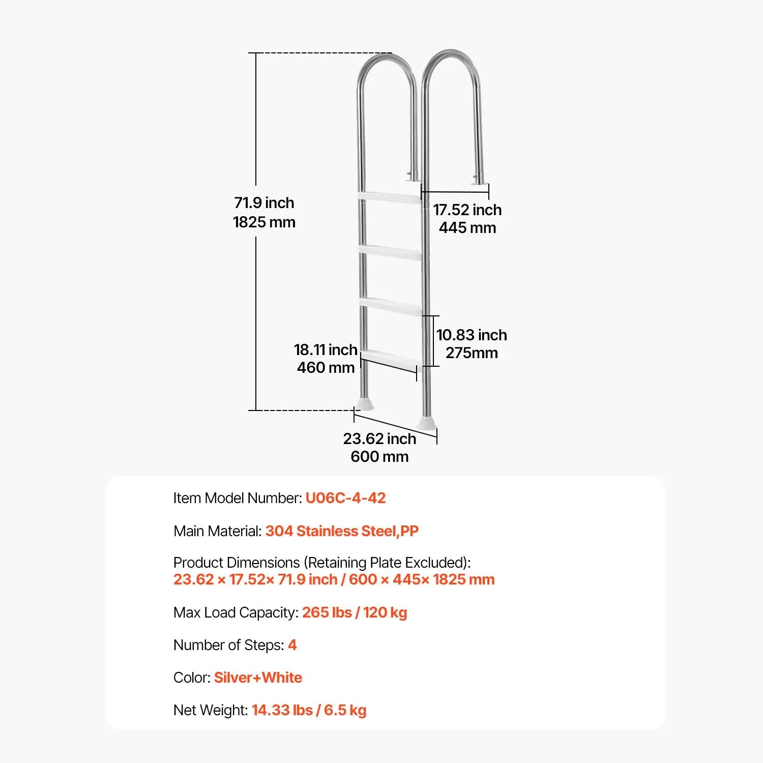 4-Step Stainless Steel Pool Ladder of 2 Handrail for 1371.6 mm Decked Pool - Image 7