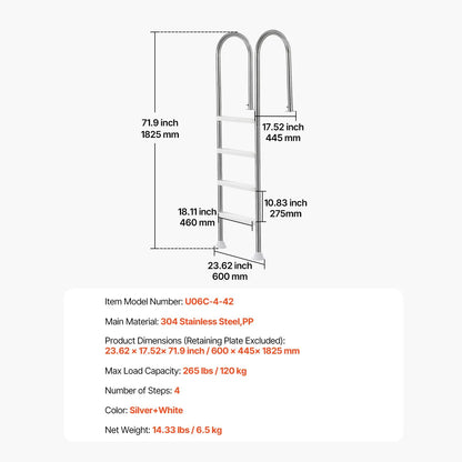 4-Step Stainless Steel Pool Ladder of 2 Handrail for 1371.6 mm Decked Pool - Image 7