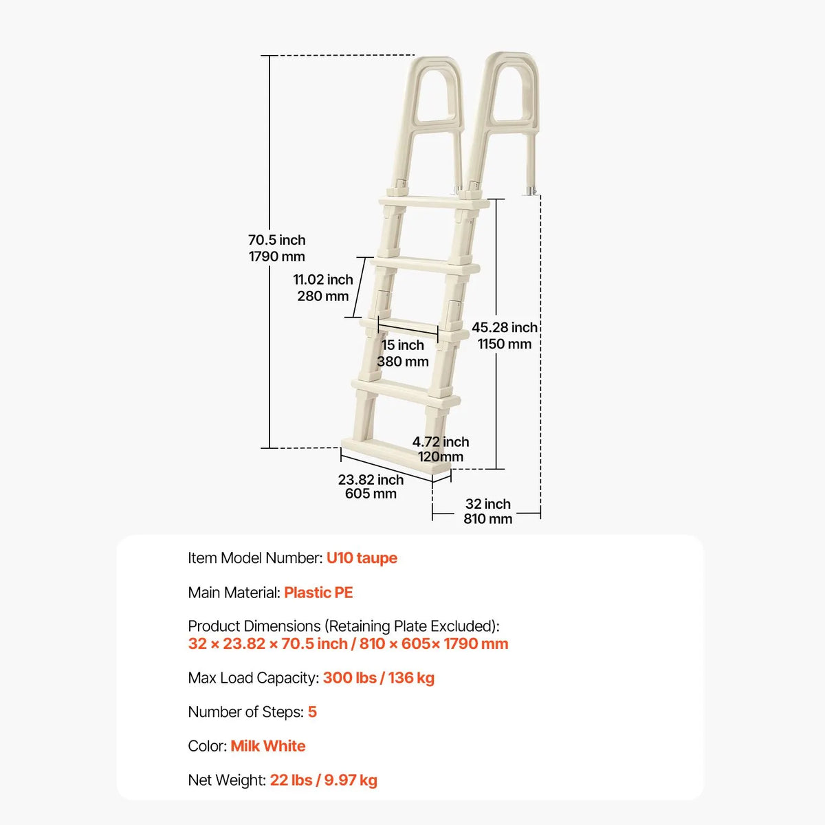 5-Step Inclined Robust Pool Ladder of 2 Handrails for 1219.2-1371.6mm Pool - Image 7