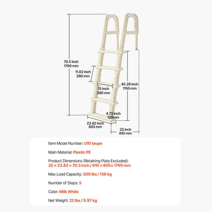 5-Step Inclined Robust Pool Ladder of 2 Handrails for 1219.2-1371.6mm Pool - Image 7