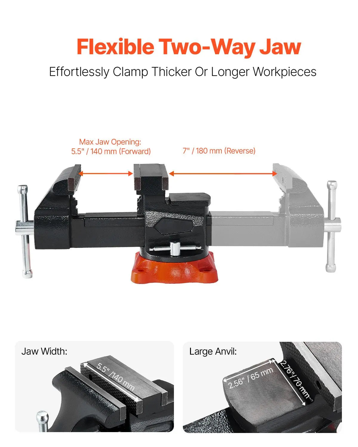 Bench Vise, 140 mm Jaw Width, 140 mm Max Jaw Opening Multipurpose Vise with 360° Swivel Locking Base, 73 mm Throat, Heavy Duty Ductile Iron Workbench Vise, Two-Way Jaws for Clamping Round Pipes - Image 3
